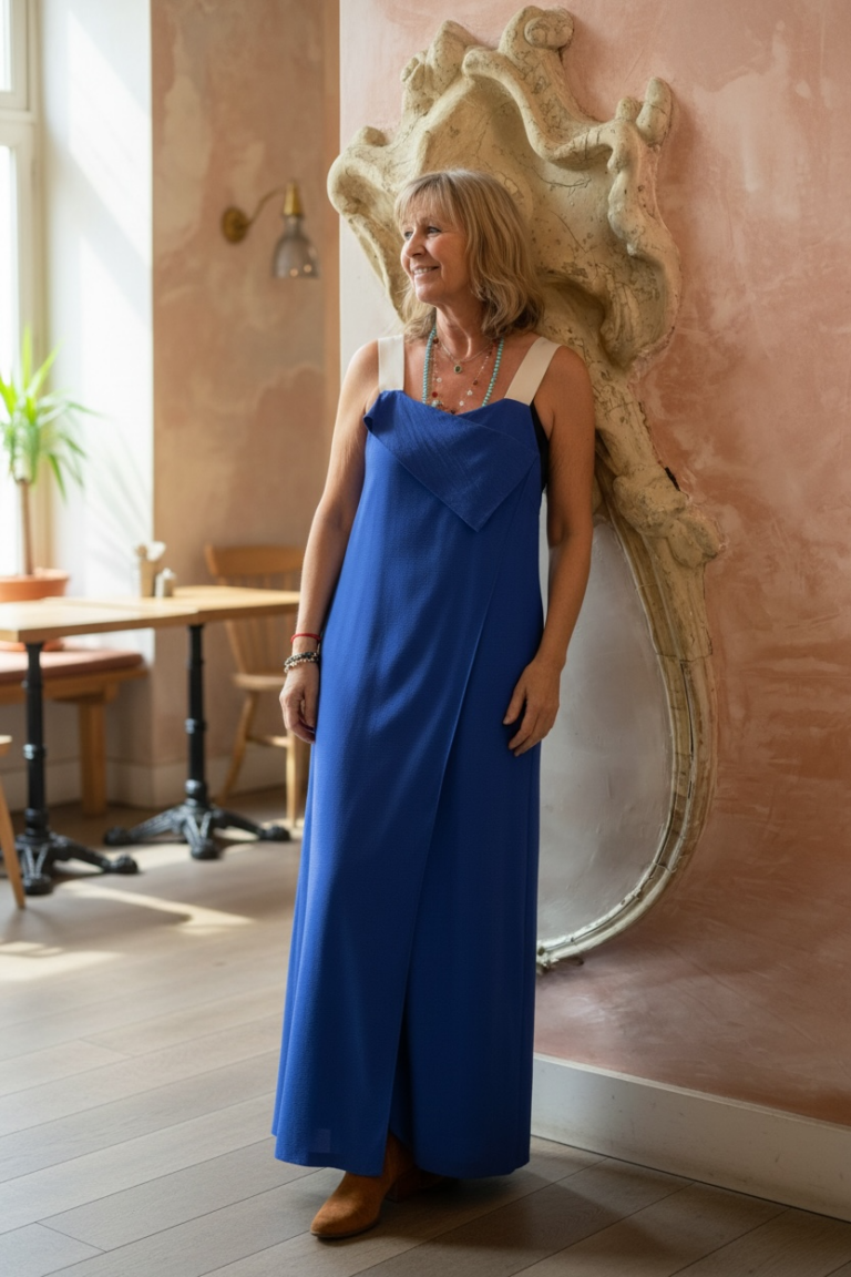 Kleurrijke, creatieve en unieke mode voor dames in hartje Gent. Grote maten mode dames kledij en accessoires voor vrouwen met een maatje meer of minder. Lange, blauwe jurk in soepele stof van het Griekse merk Amma