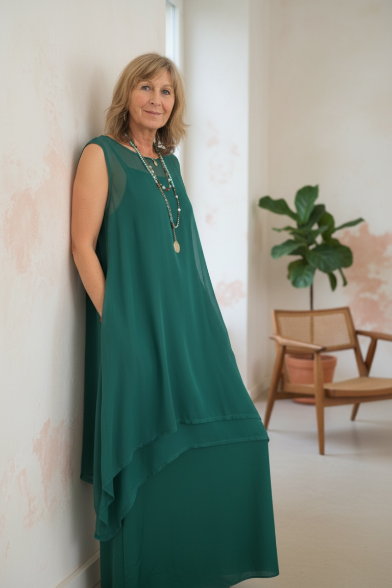 Kleurrijke, creatieve en unieke mode voor dames in hartje Gent. Grote maten mode dames kledij en accessoires voor vrouwen met een maatje meer of minder.Lange groene jurk met fijne bretellen en transparante tuniek in dezelfde kleur van het Griekse merk Amma