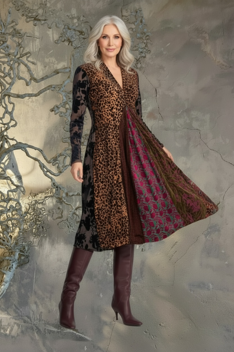 Kleurrijke, creatieve en unieke mode voor dames in Gent. Grote maten mode dames kledij en accessoires voor vrouwen met een maatje meer of minder. Zwierige jurk in A lijn met diepe V-hals en lange mouwen in diverse florale prints van Alembika.