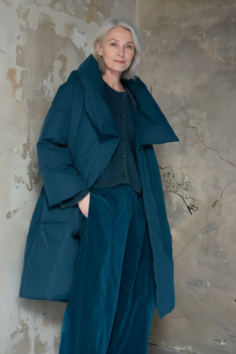 Kleurrijke, creatieve en unieke mode voor vrouwen in Gent. Grote maten mode dames kledij en accessoires voor vrouwen met een maatje meer of minder. Broek, cardigan en warme mantel in petroleum blauw van Oska