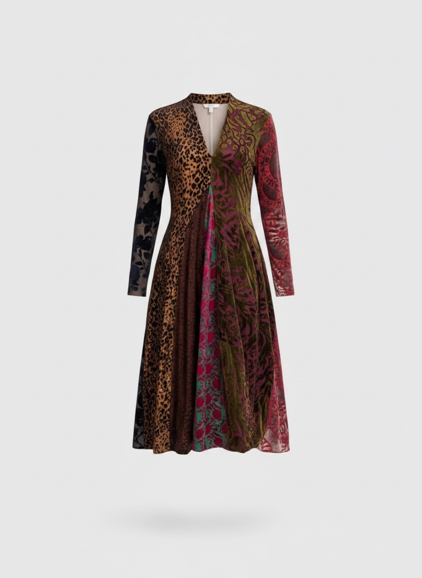 Unieke, kleurrijke en creatieve mode voor vrouwen in Gent. Grote maten mode dames kledij en accessoires voor vrouwen met een maatje meer of minder. Lange A lijn jurk met V-hals en lange mouwen in diverse florale prints en warme herfstkleuren met stretch van Alembika