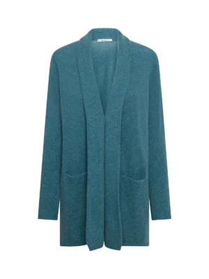 Halflange Cardigan Mitty in kleur emerald met zakjes en een sjaalkraag, vervaardigd uit 100% wol van Mansted