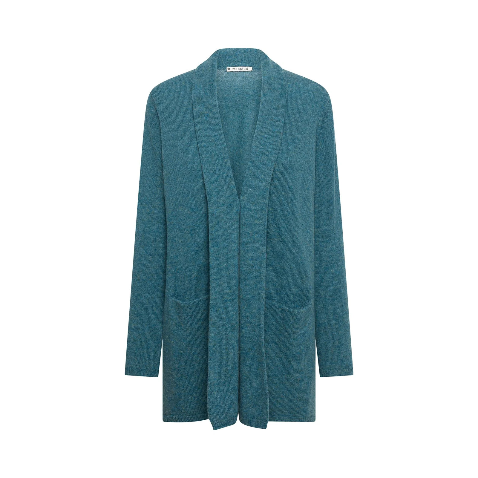 Halflange Cardigan Mitty in kleur emerald met zakjes en een sjaalkraag, vervaardigd uit 100% wol van Mansted