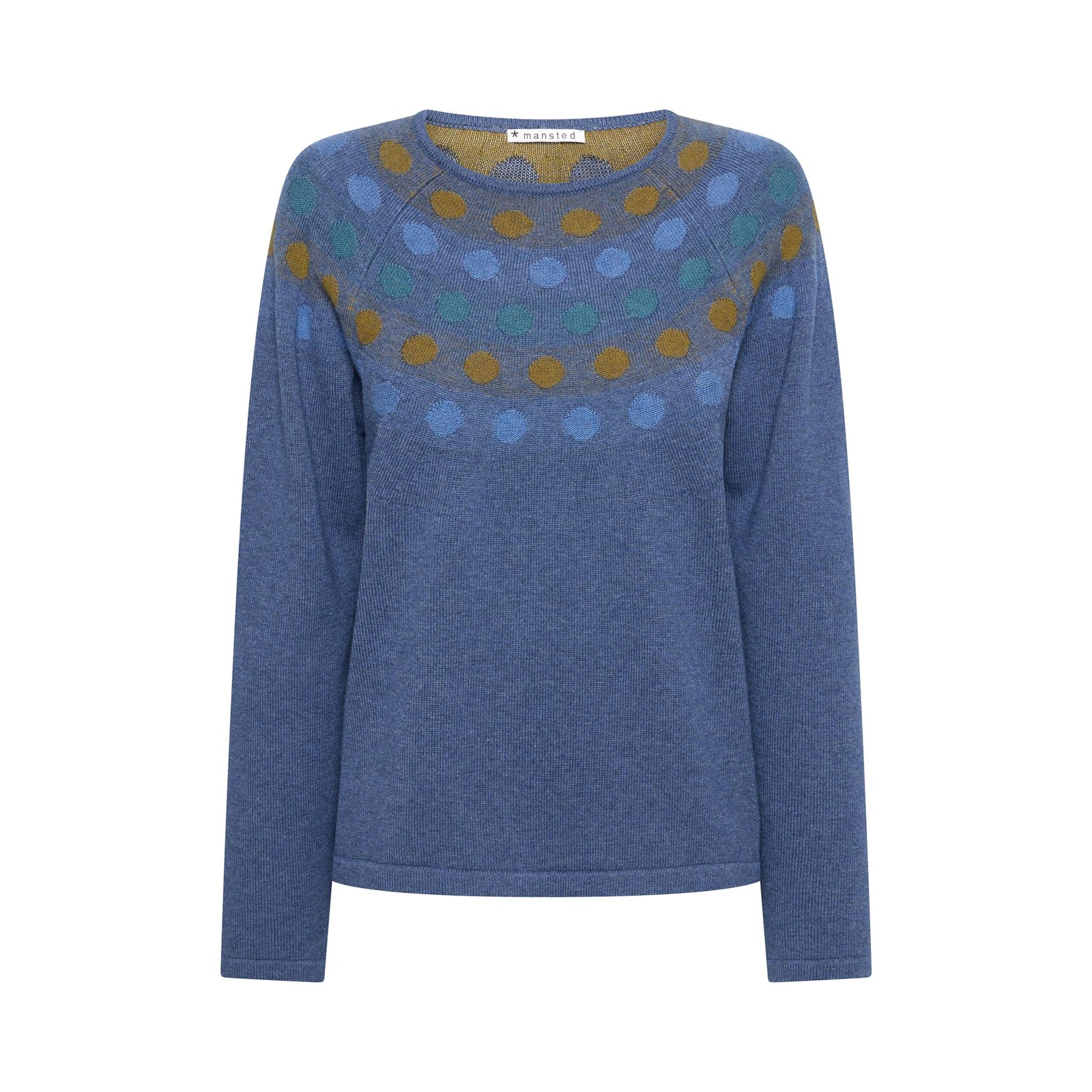 Lichtblauwe pull met bolletjesmotief aan de kraag model Josie in katoen en wolmix van Mansted