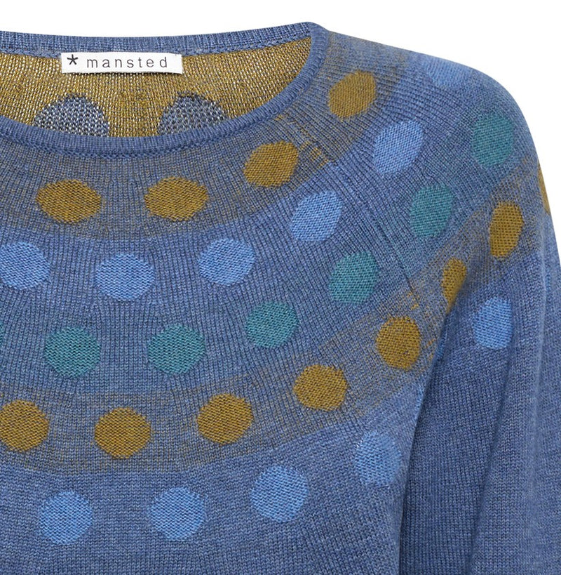 Lichtblauwe pull met bolletjesmotief aan de kraag model Josie in katoen en wolmix van Mansted