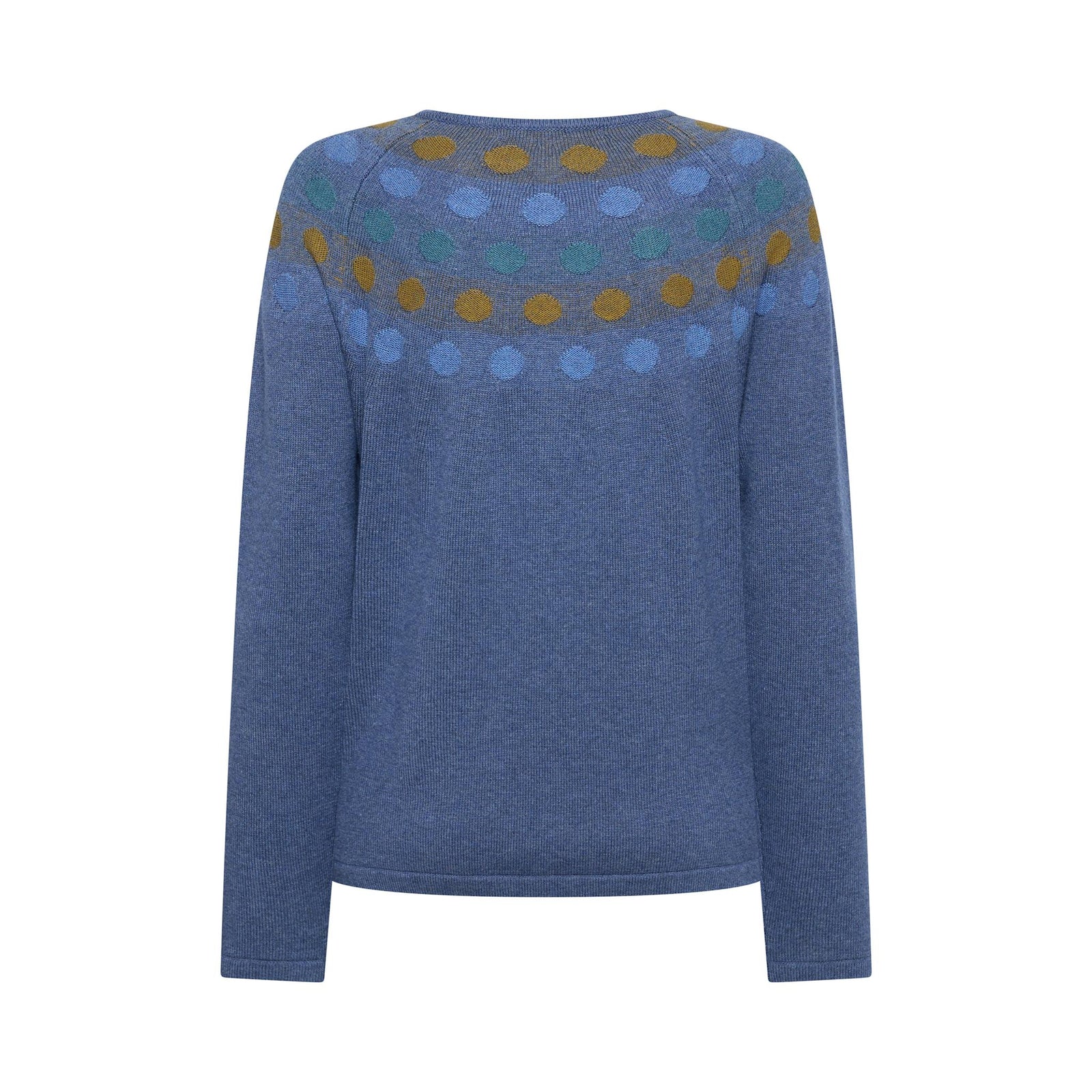 Lichtblauwe pull met bolletjesmotief aan de kraag model Josie in katoen en wolmix van Mansted
